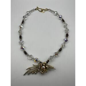 VTG Starburst Brooch Conversion Necklace AB Glass Beads Pearls Sterling Clasp